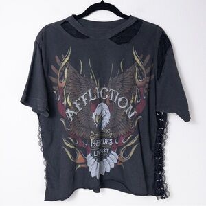 NEW Affliction Speed to Burn Graphic Biker Moto Tee L Black Lace Sheer Grommet